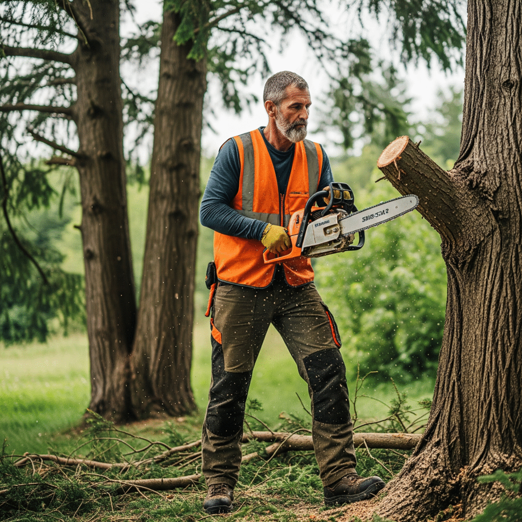 Un élagueur qui utilise une tronçonneuse